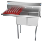 43 in. Two Compartment Stainless Steel Commercial Sink with Drainboard, Bowl Size 12"x 16"x 10" SB121610-16L3.